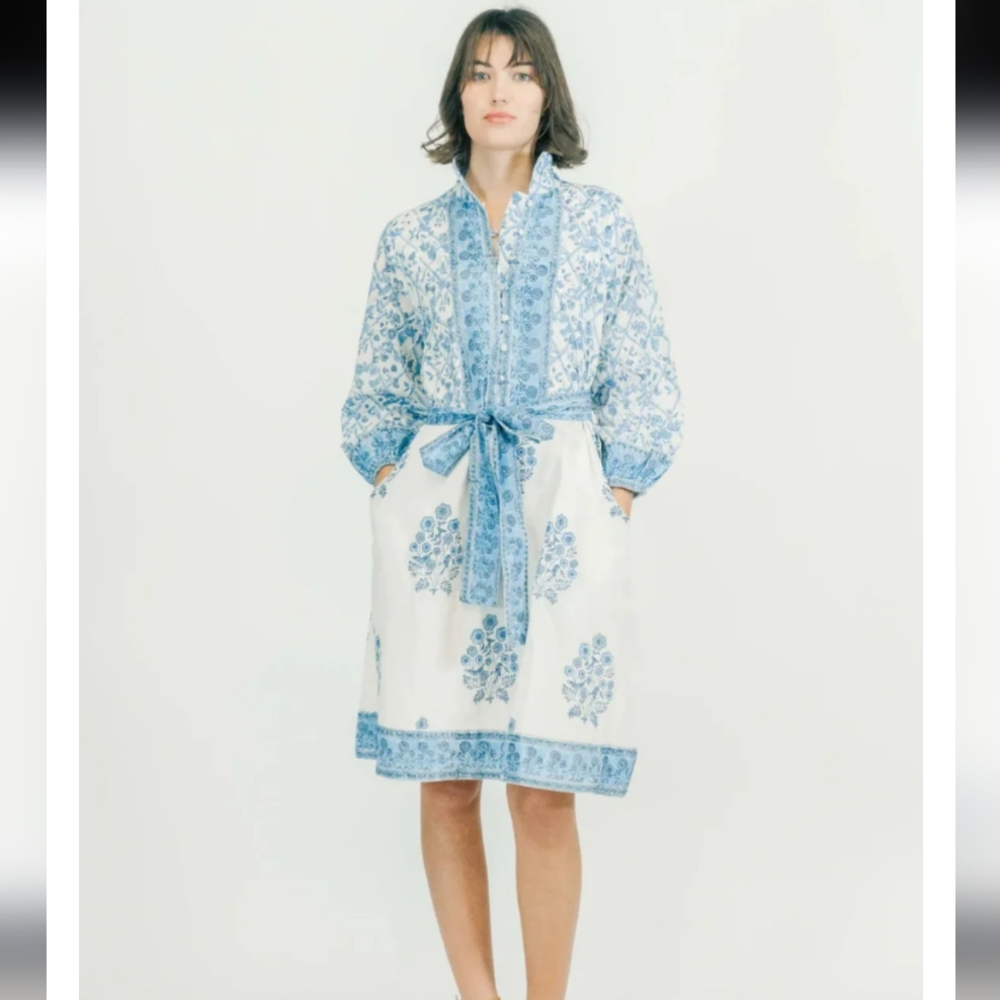 Victoria Dunn Folly Mini Cotton Blockprint Dress Blue White Floral NWT M 🩷